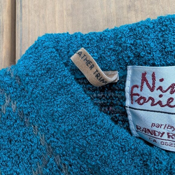 Vintage 80s Nino Foriero by Randy River Teal Geometric Leather Trim Sweater L - Picture 5 of 9
